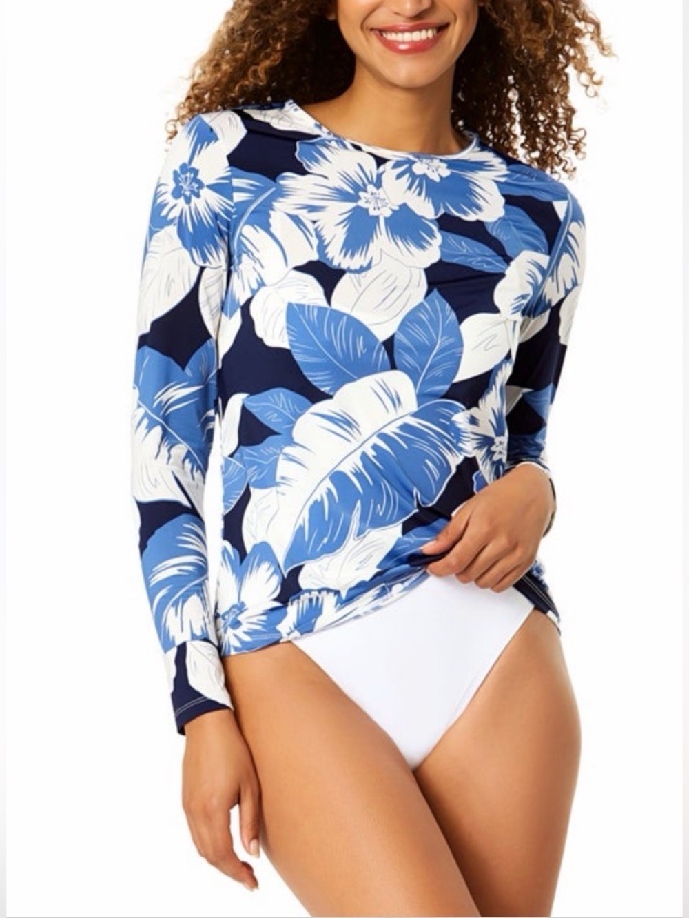 Lands' End White and Blue Floral Long Sleeve Swim Shirt